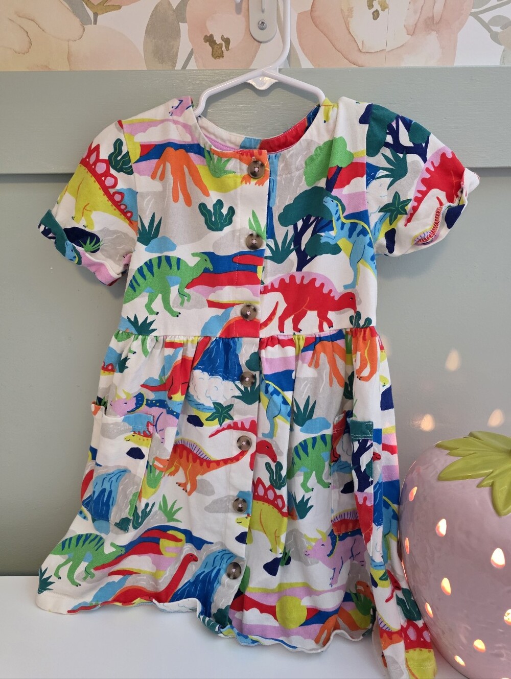 Mini Boden Multicolor Dinosaur Print Button-Front Dress 4-5 4t 5t